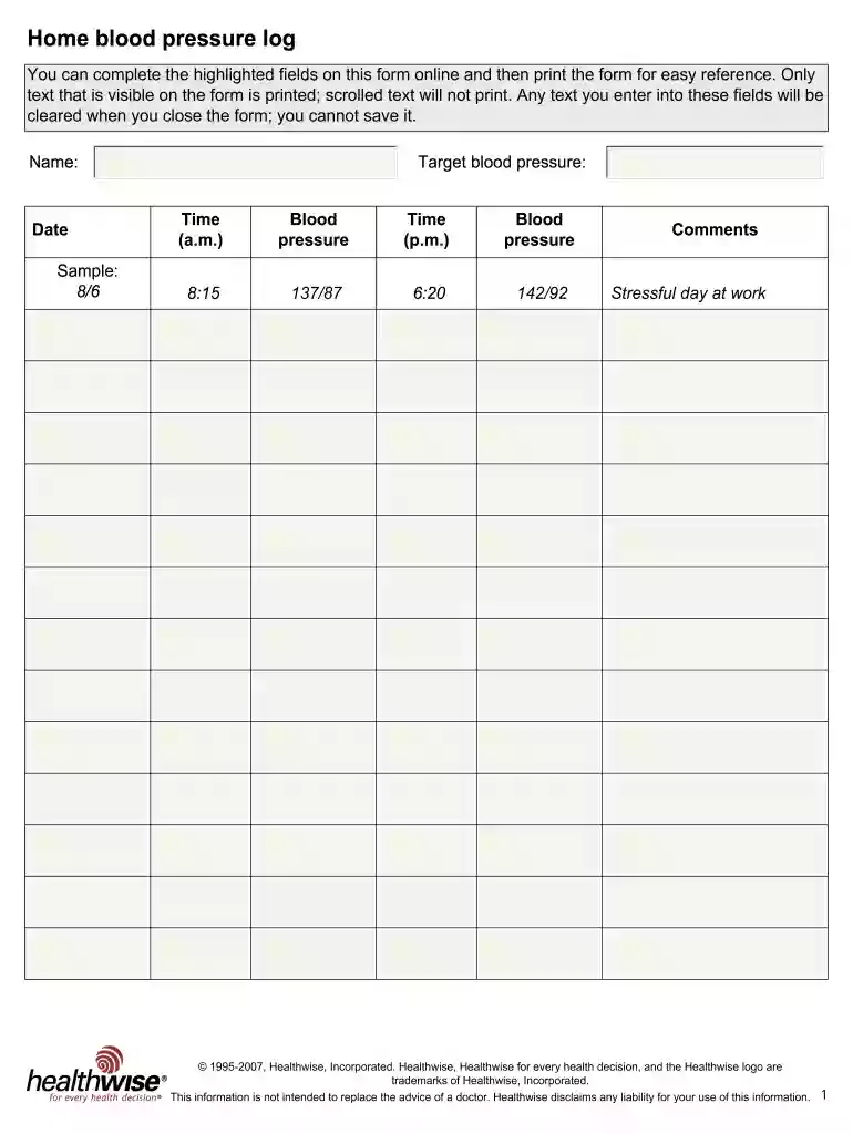 blood pressure record sheet Preview on Page 1