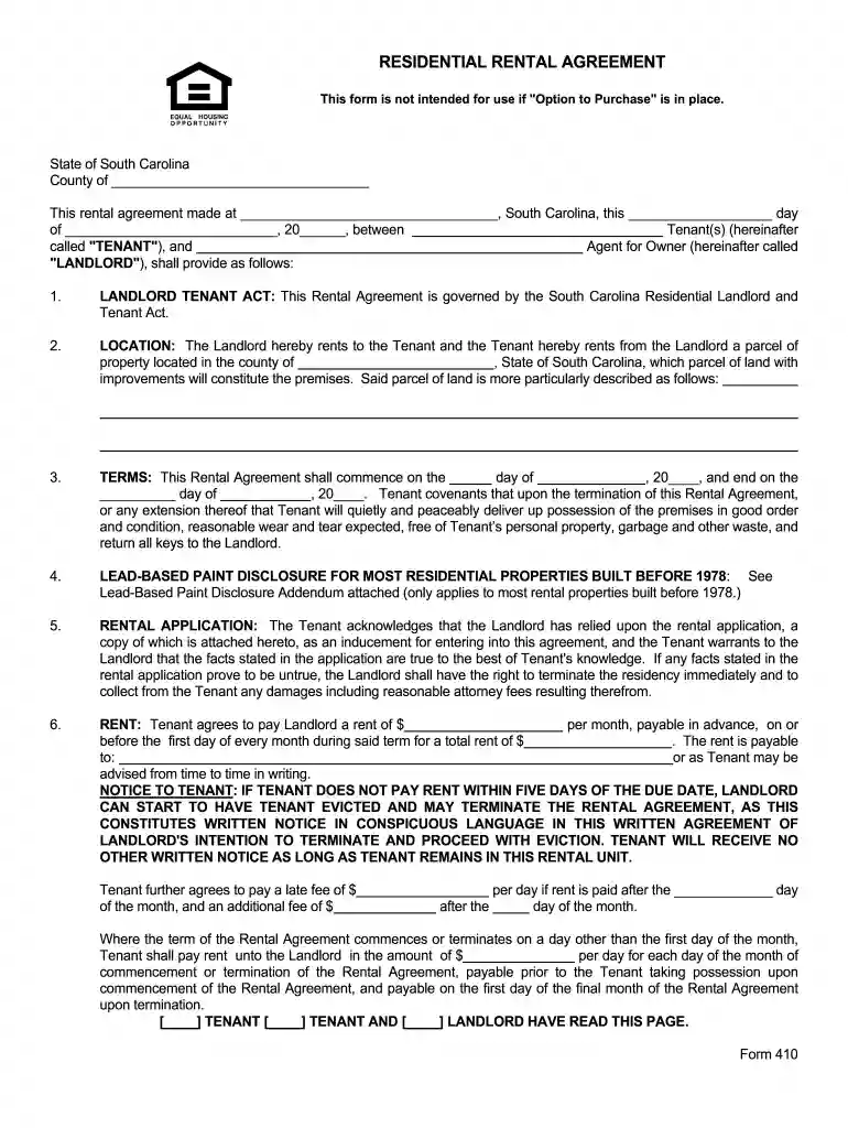 south carolina residential rental agreement form 410 pdf Preview on Page 1