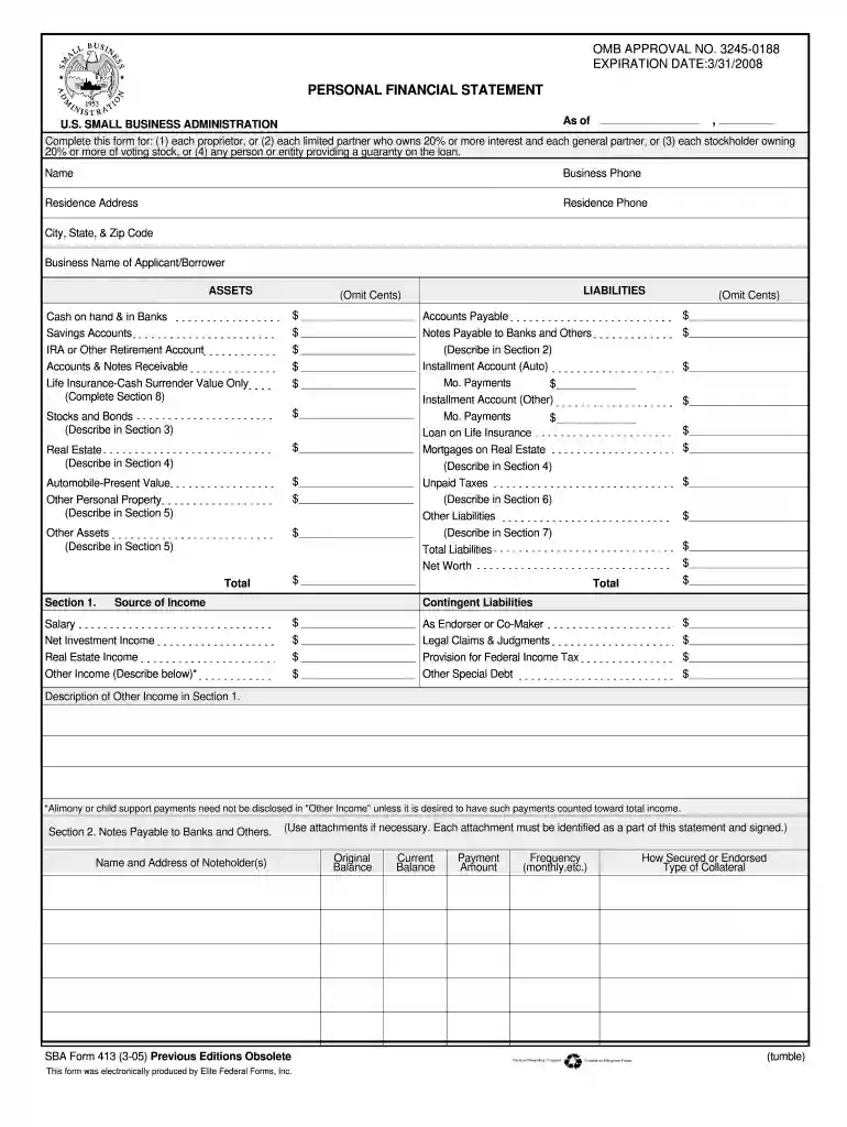 sba form 413 05 12 2005 Preview on Page 1