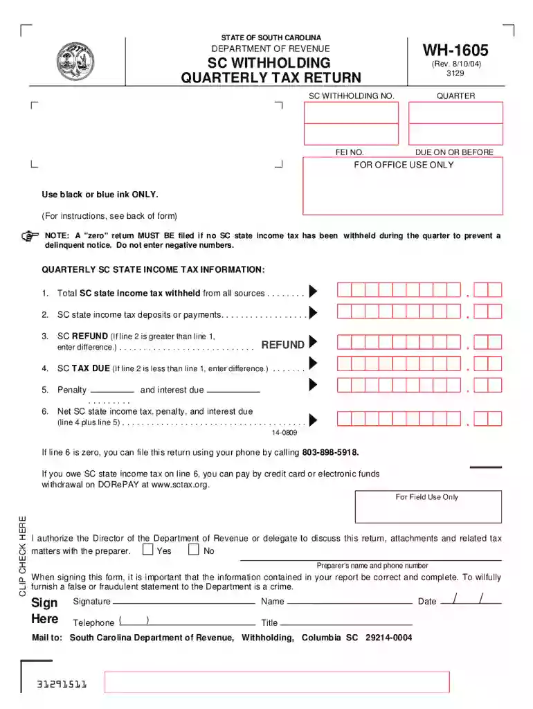 scwithholding quartly tax return wh 1605 2004 form Preview on Page 1