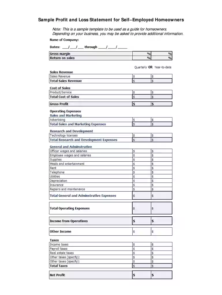 profit and loss statement for self employed Preview on Page 1