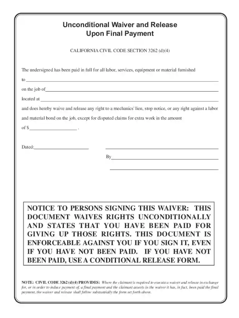 unconditional release upon final payment form Preview on Page 1