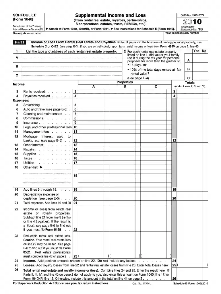 2010 schedule e form Preview on Page 1