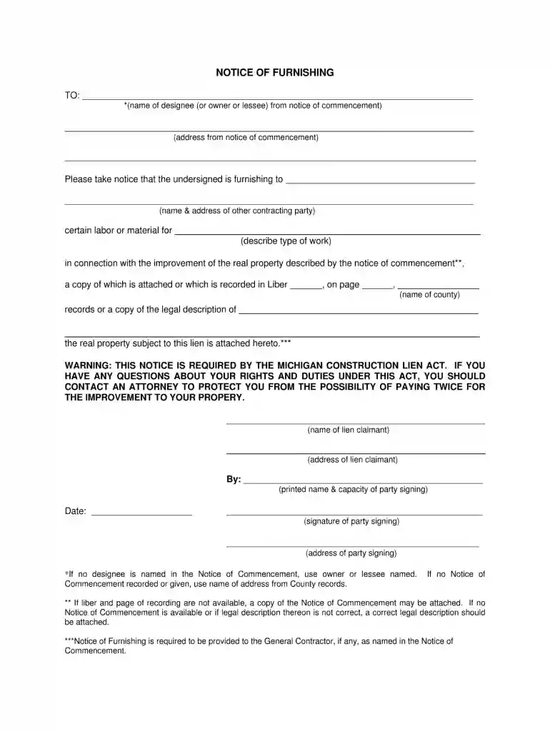michigan notice of furnishing form Preview on Page 1