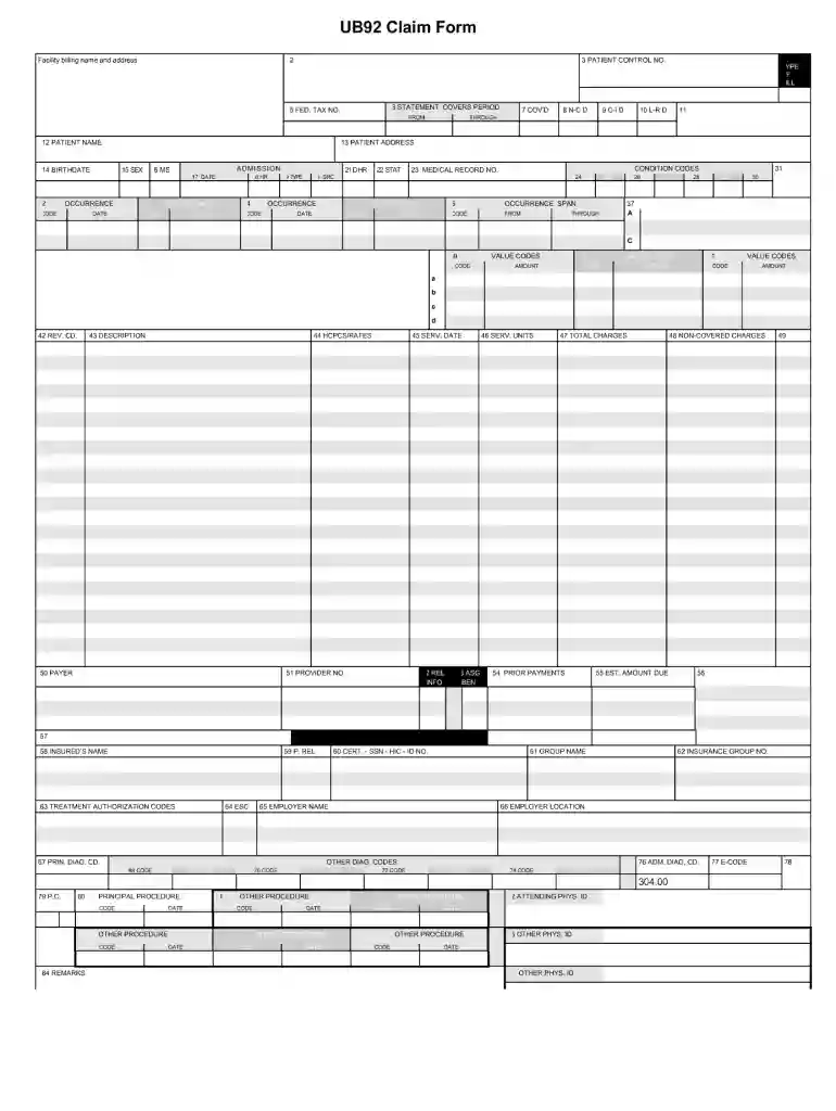 ub 92 form Preview on Page 1