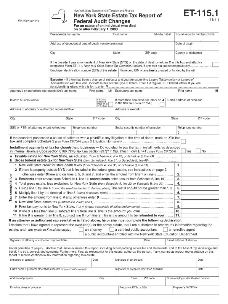 Form ET-115.1:11/11:New York State Estate Tax Report of Federal ... Preview on Page 1