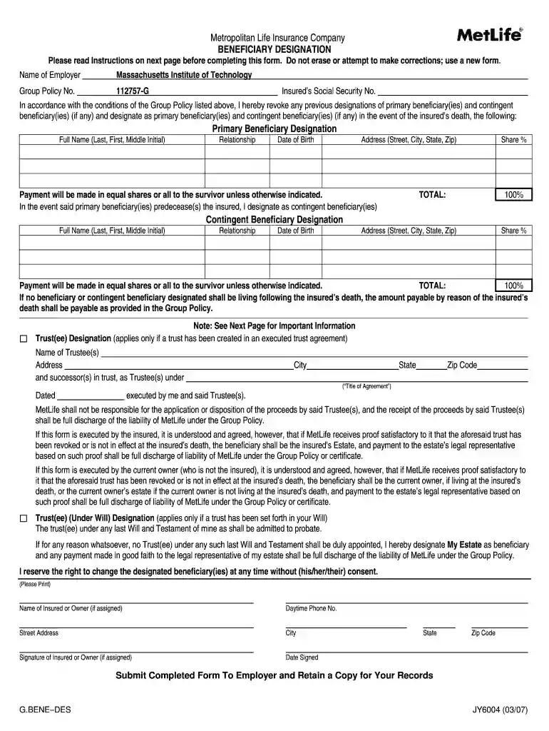 metlife beneficiary change form Preview on Page 1