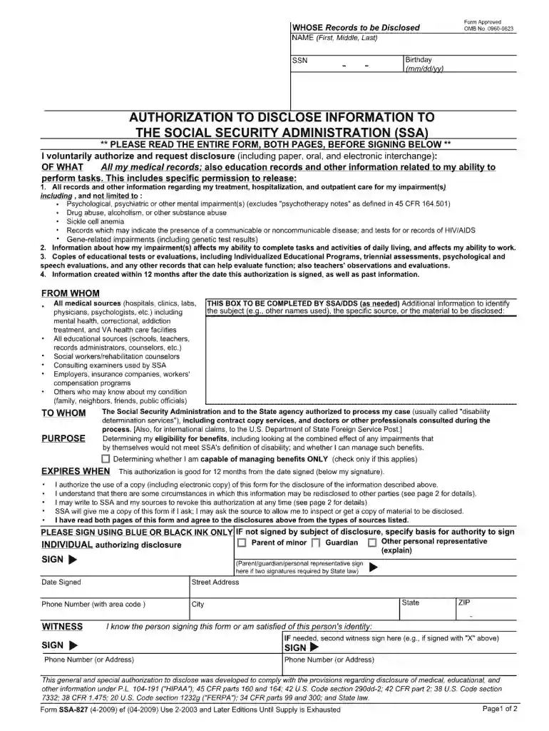 omb no0960 0623 2009 form Preview on Page 1