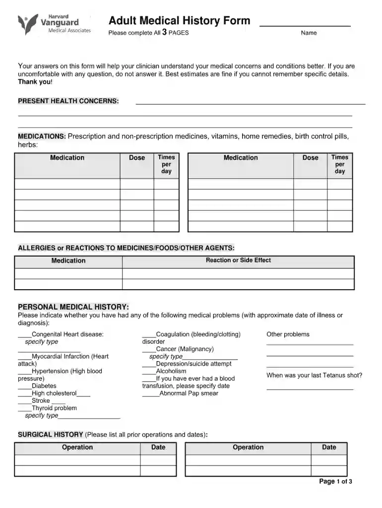 medical history form template word Preview on Page 1