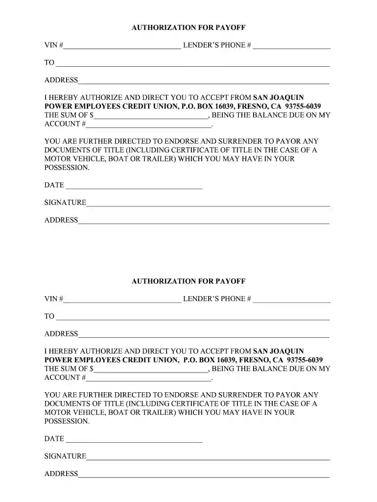 payoff authorization form Preview on Page 1