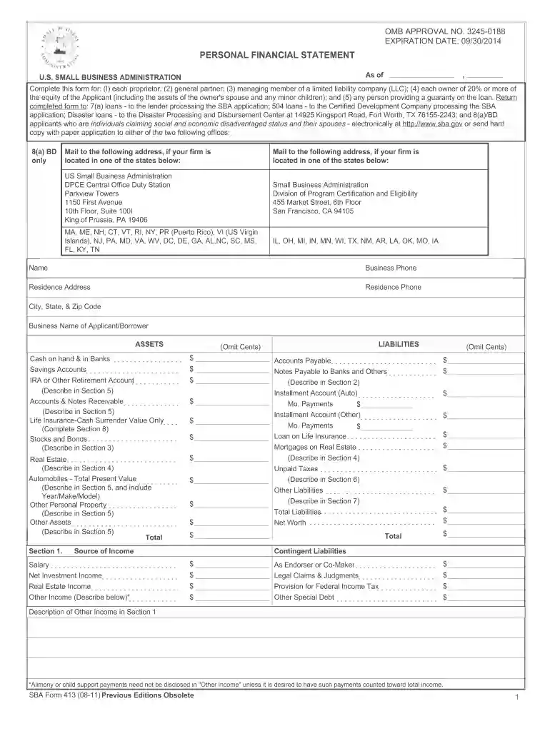 sba personal finacial statement 2011 form Preview on Page 1