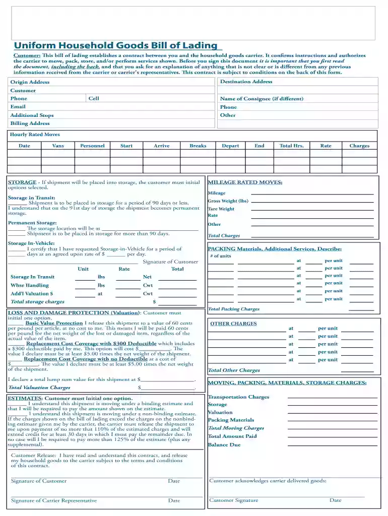 moving bill of lading template Preview on Page 1