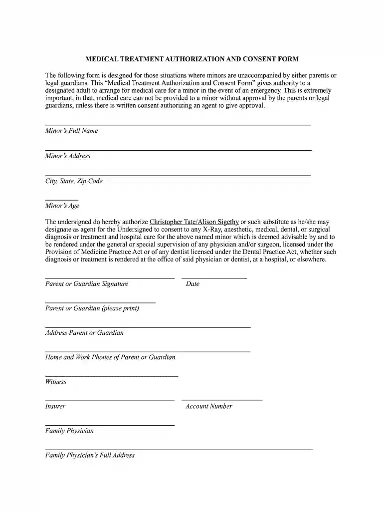 printable medical consent form for minor while parents are away Preview on Page 1