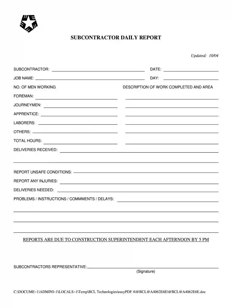 subcontractor daily report template Preview on Page 1