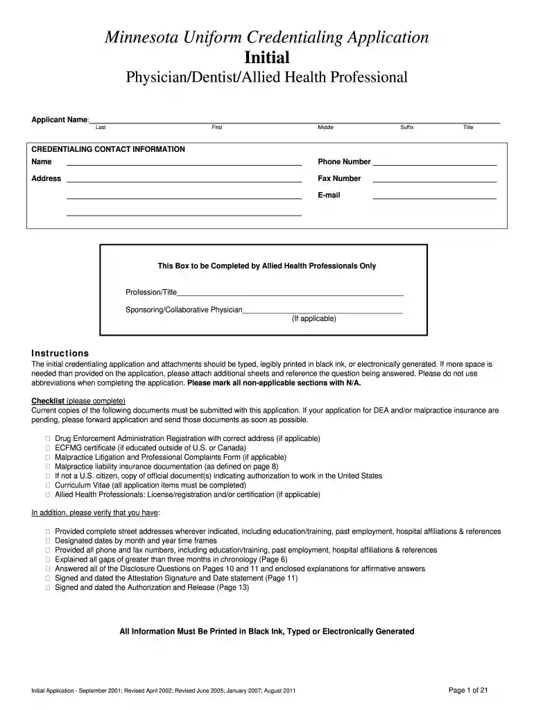 mn uniform credentialing application Preview on Page 1