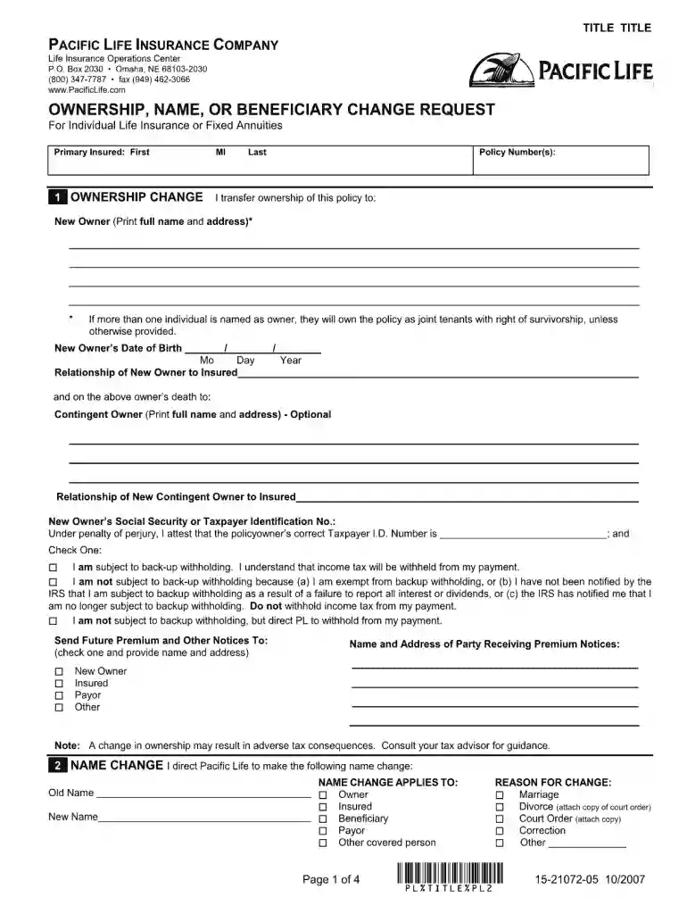 pacific life beneficiary change form Preview on Page 1