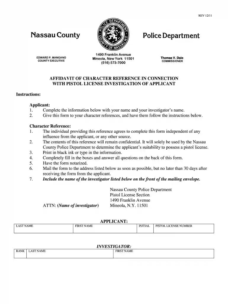 nassau county pistol permit character reference form Preview on Page 1