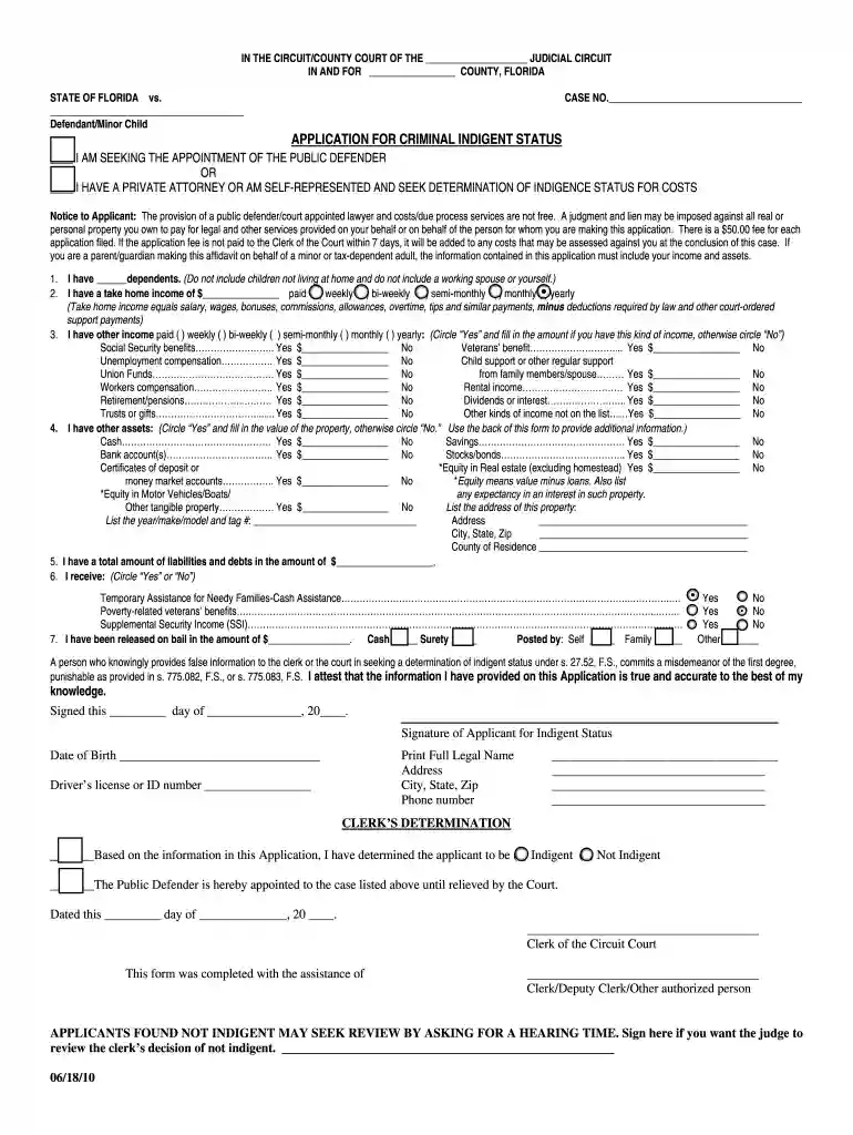 application for criminal indigent status Preview on Page 1