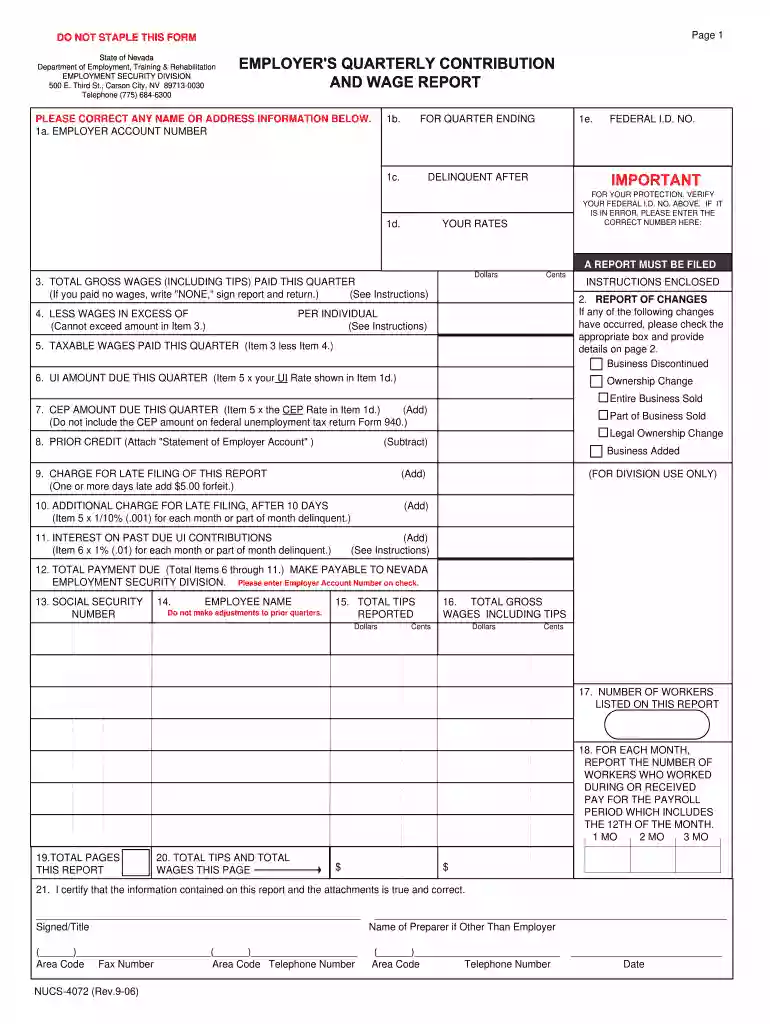 nevada quarterly wage report Preview on Page 1
