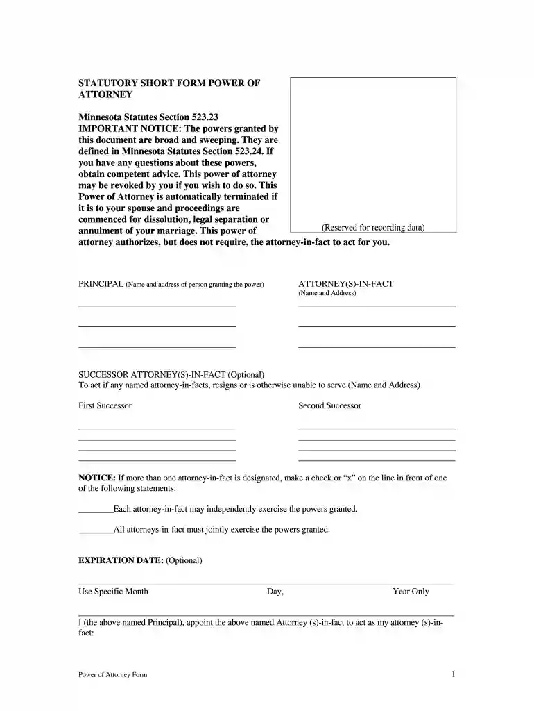statutory short form power of attorney minnesota Preview on Page 1