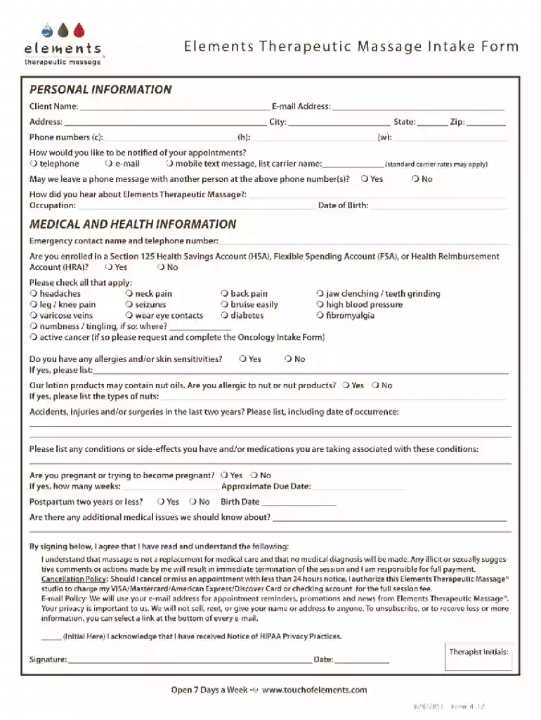 deep tissue massage intake and form Preview on Page 1