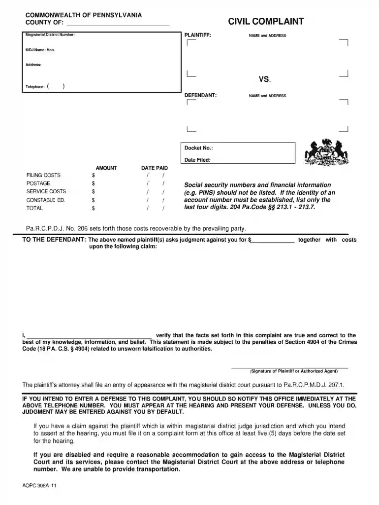 civil complaint form pa Preview on Page 1
