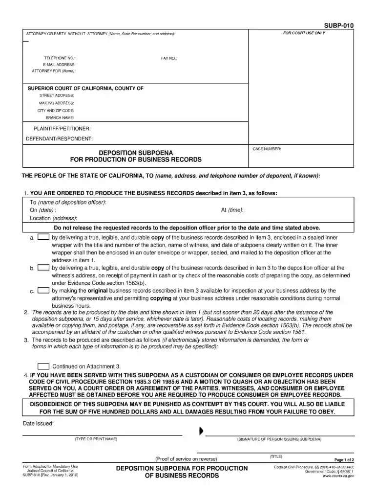 Fillable SUBP-010 - California Courts - State of California Preview on Page 1