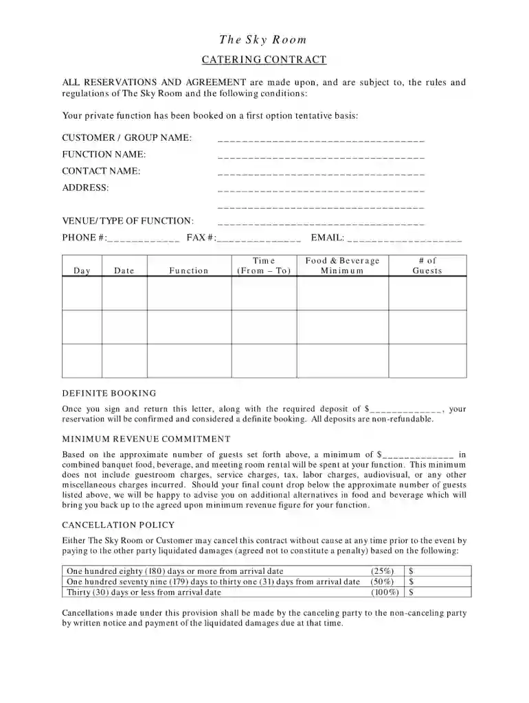 printable catering contract Preview on Page 1