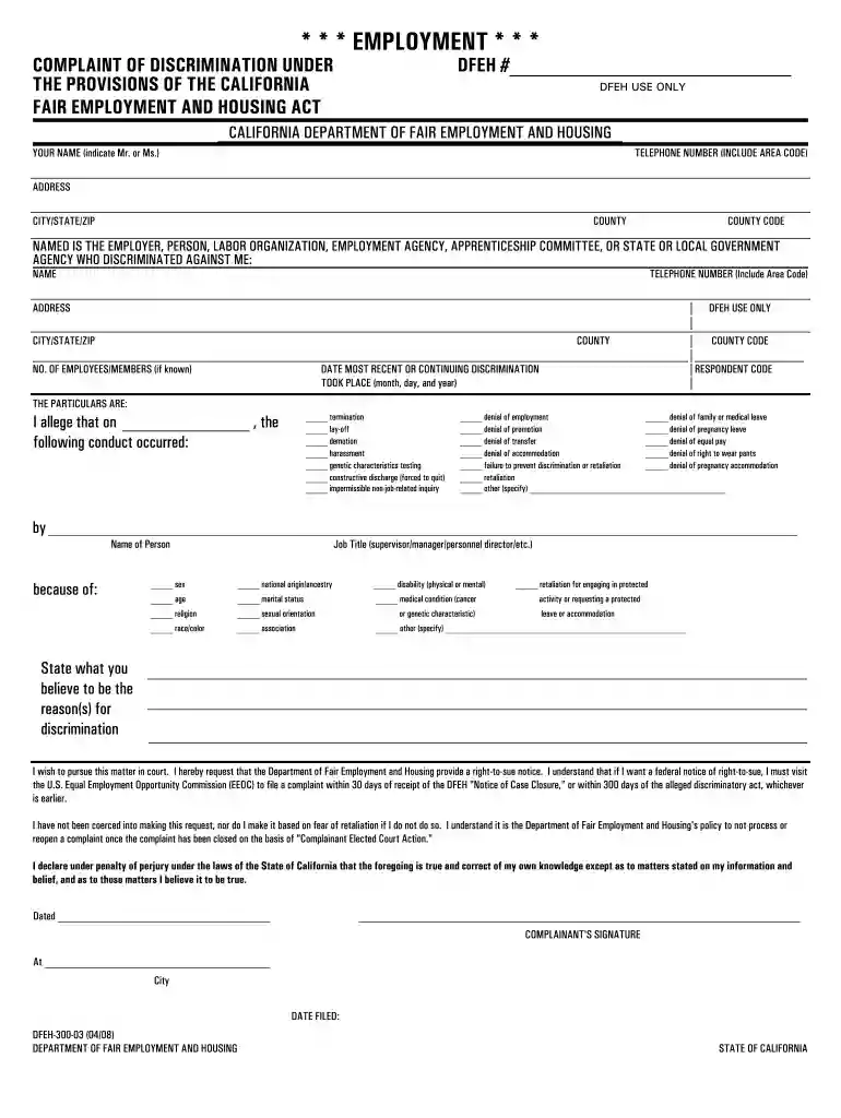 dfeh complaint form pdf Preview on Page 1