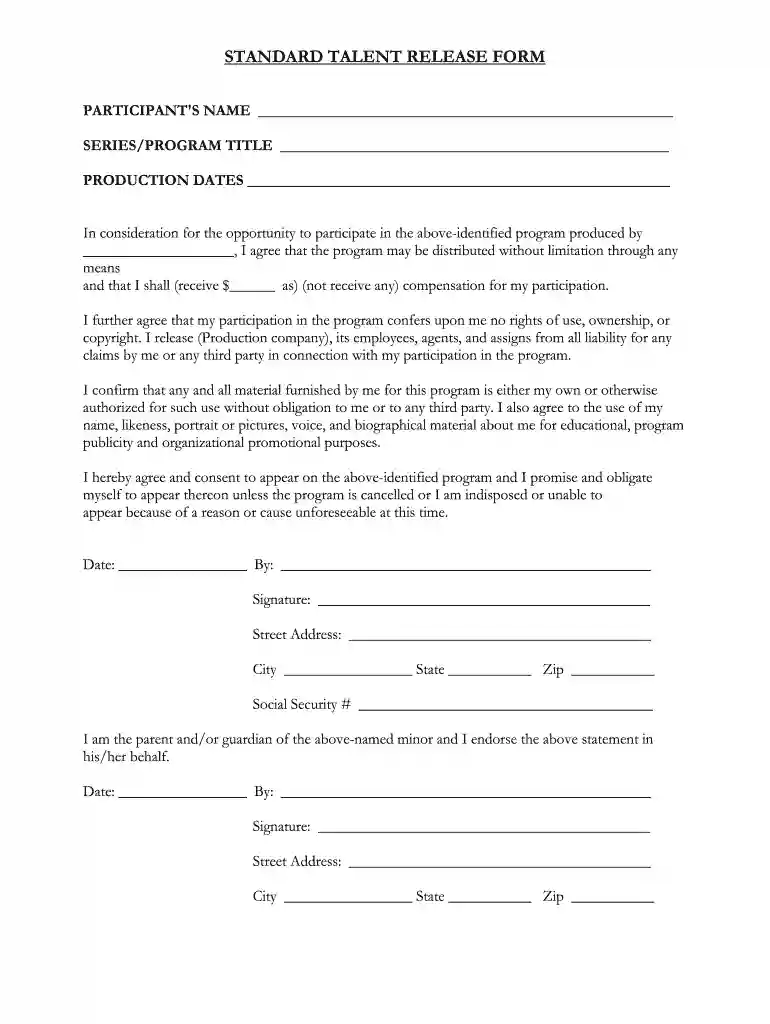 talent release form Preview on Page 1