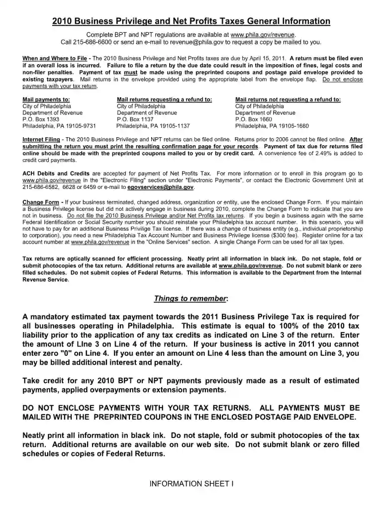2010 philadelphia net profits tax fillable form Preview on Page 1