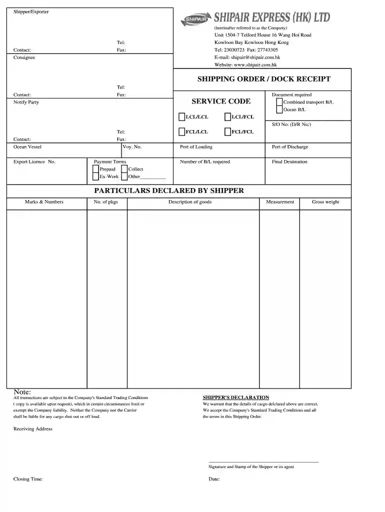 dock receipt template Preview on Page 1