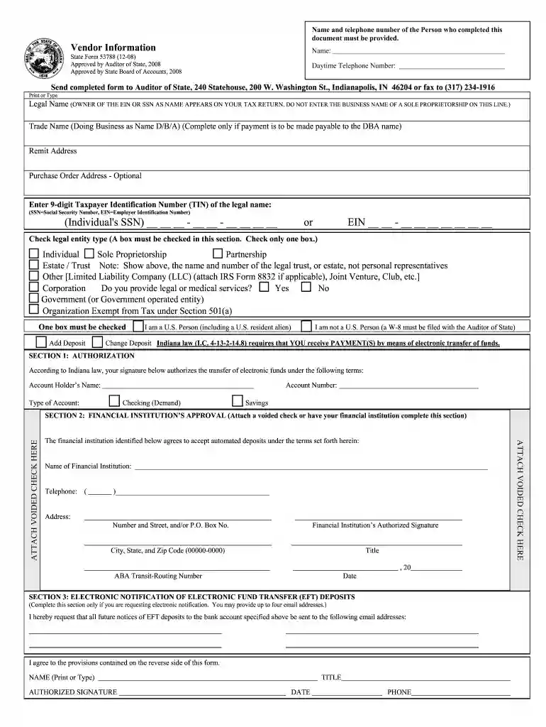 State of indiana vendor information fillable 2008 Preview on Page 1