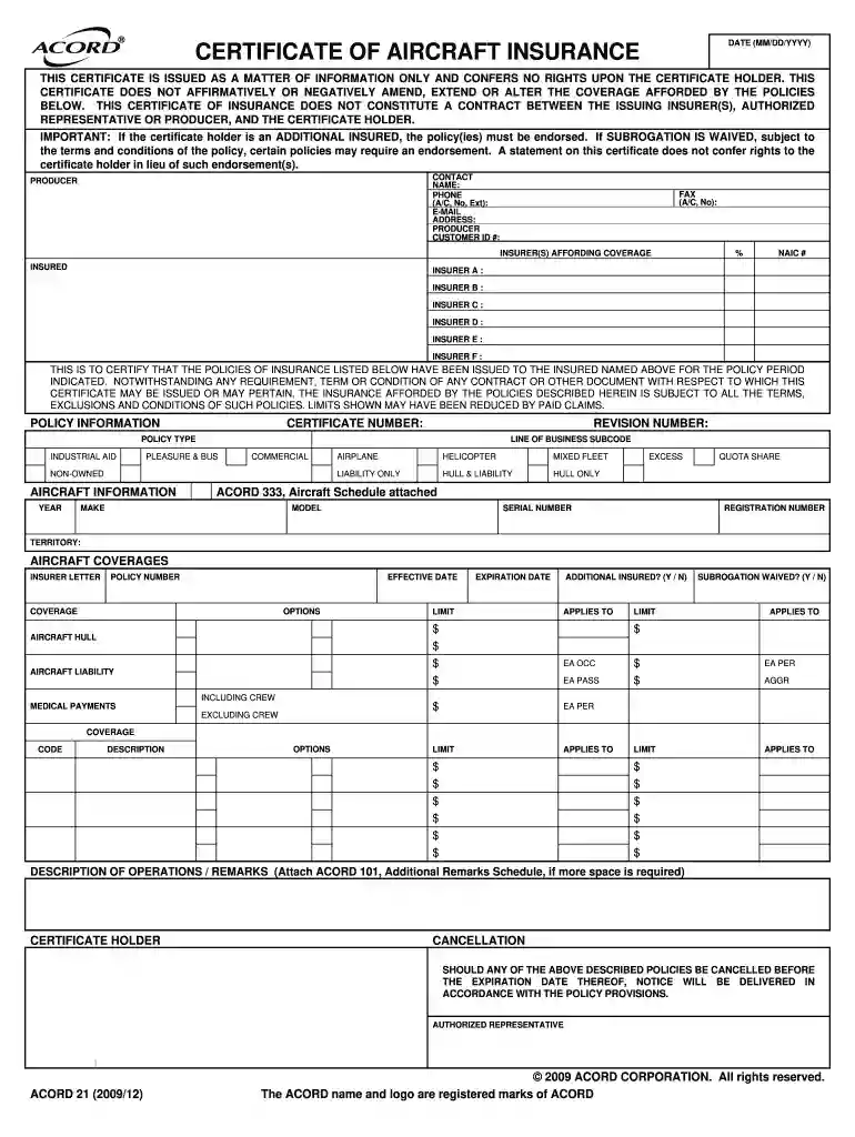 completing an airplane certificate of insurancer Preview on Page 1