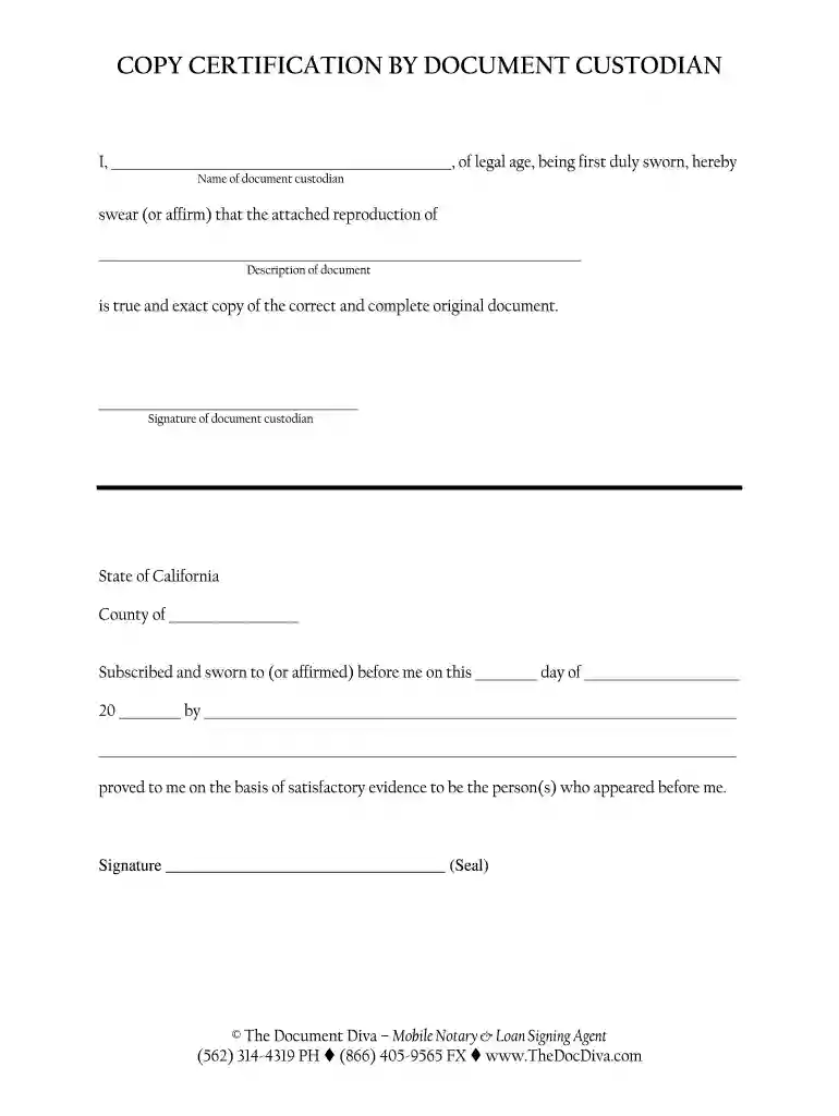 california copy certification by document custodian pdf Preview on Page 1