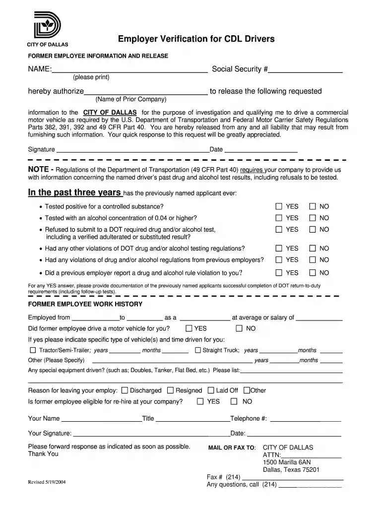 cdl employment verification form Preview on Page 1