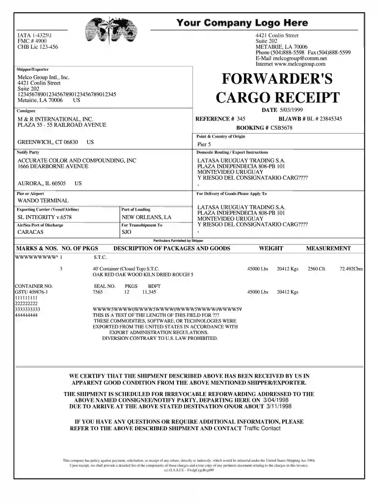 forwarder cargo receipt Preview on Page 1