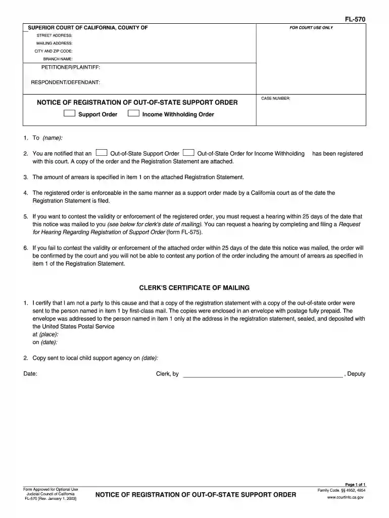 FL-570 NOTICE OF REGISTRATION OF OUT-OF ... - California Courts - courts ca Preview on Page 1