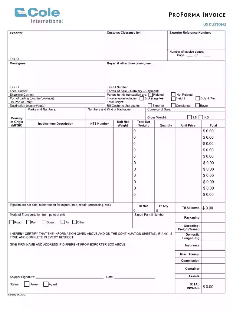 cole international proforma invoice Preview on Page 1