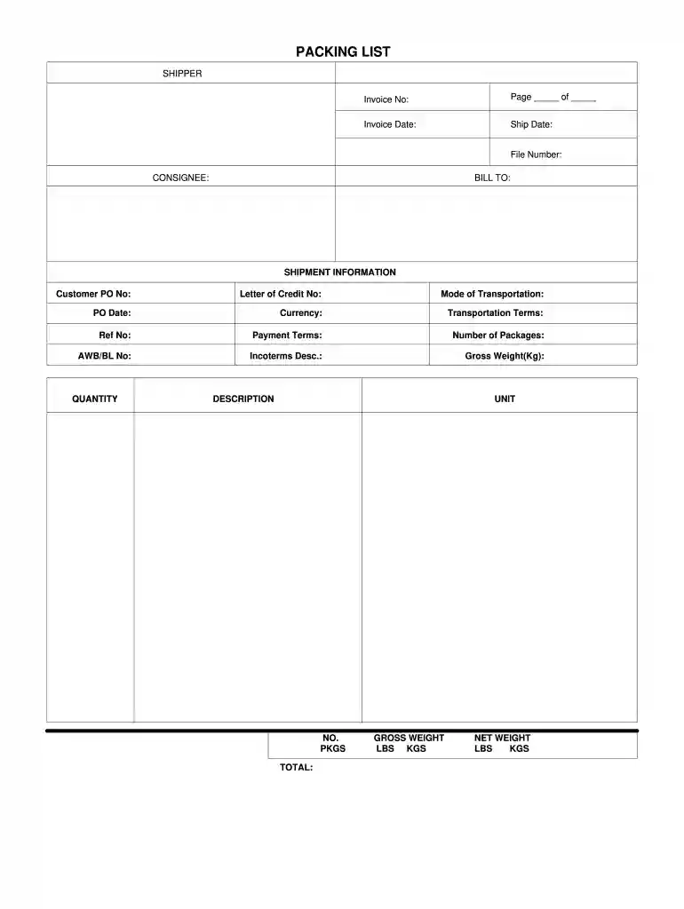excel tor1 packing list template Preview on Page 1
