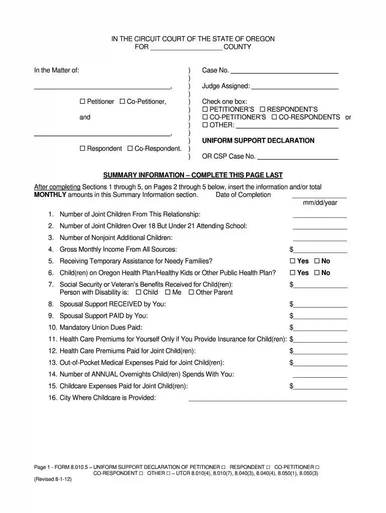 oregon uniform support declaration Preview on Page 1