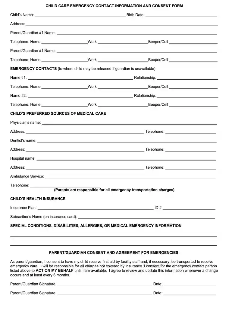 2012 free childcare forms Preview on Page 1