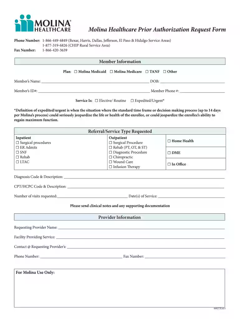 molina authorization form Preview on Page 1