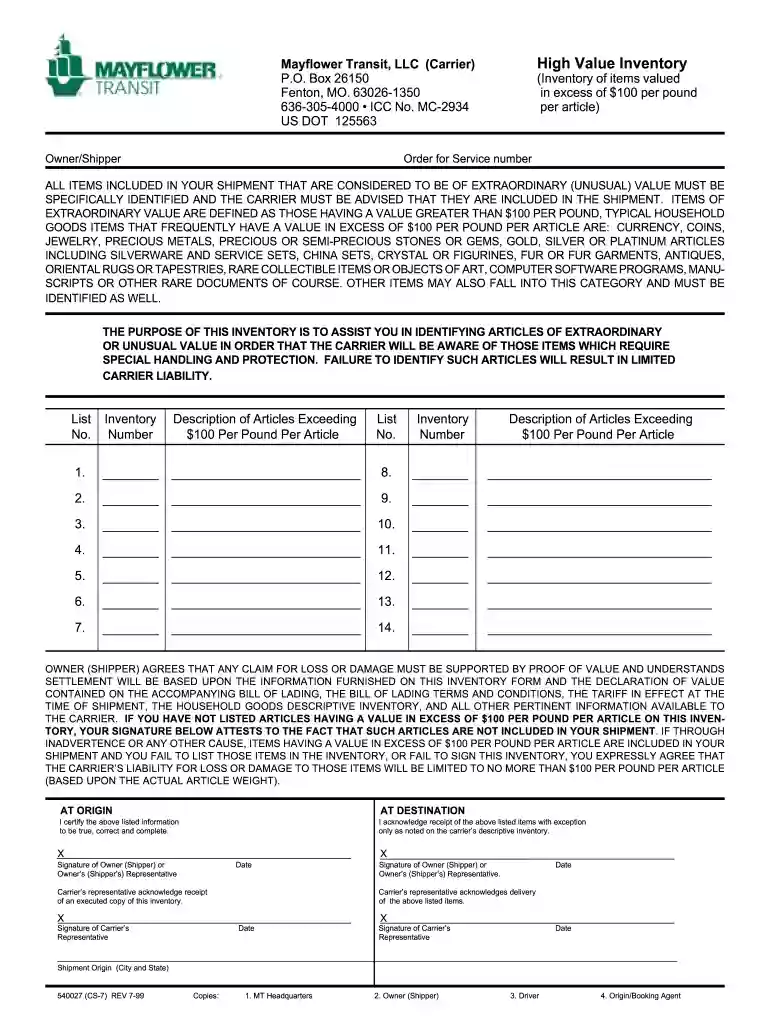 high value inventory form Preview on Page 1