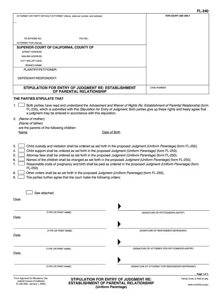 FL-240 STIPULATION FOR ENTRY OF - California Courts - courts ca Preview on Page 1
