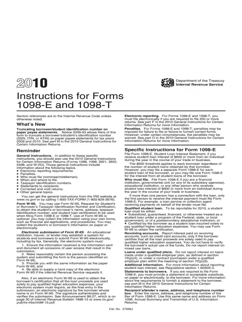 2010 Instruction 1098-E and T - Internal Revenue Service - irs Preview on Page 1