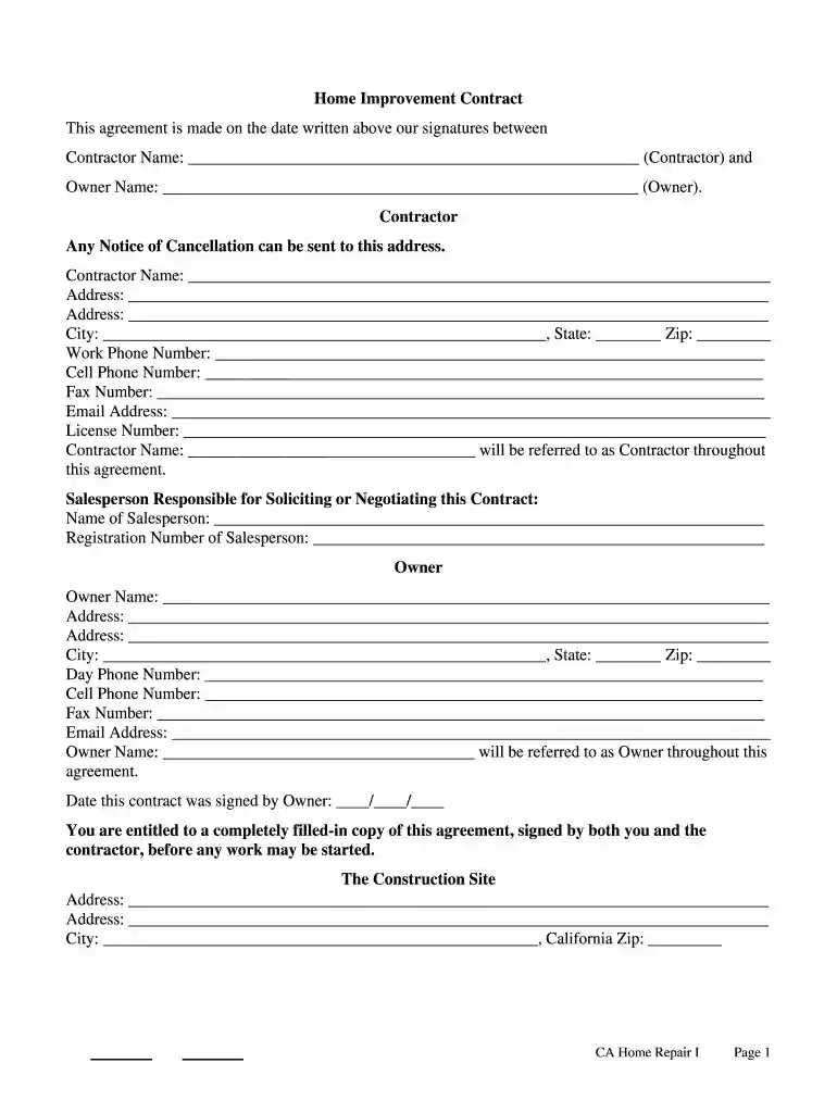 california home improvement contract pdf Preview on Page 1