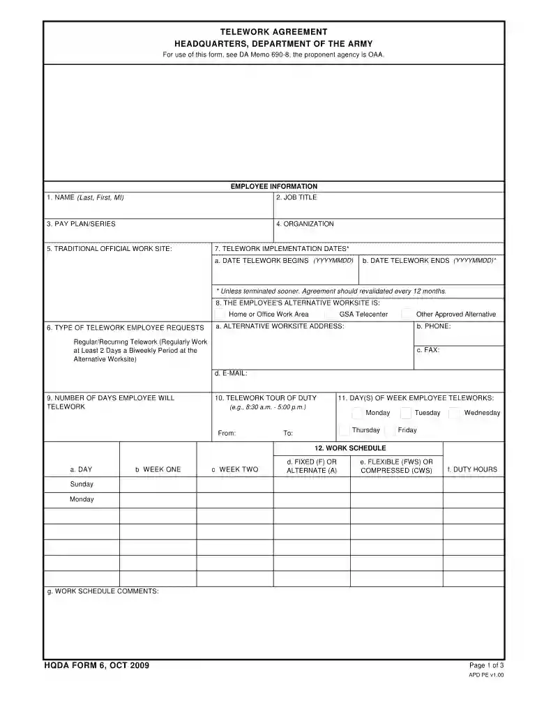 telework hqda agreement form Preview on Page 1