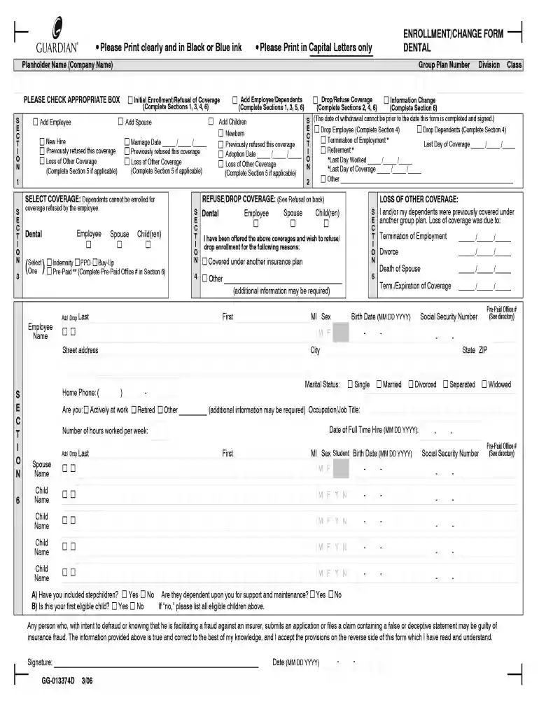 guardian dental enrollment form Preview on Page 1