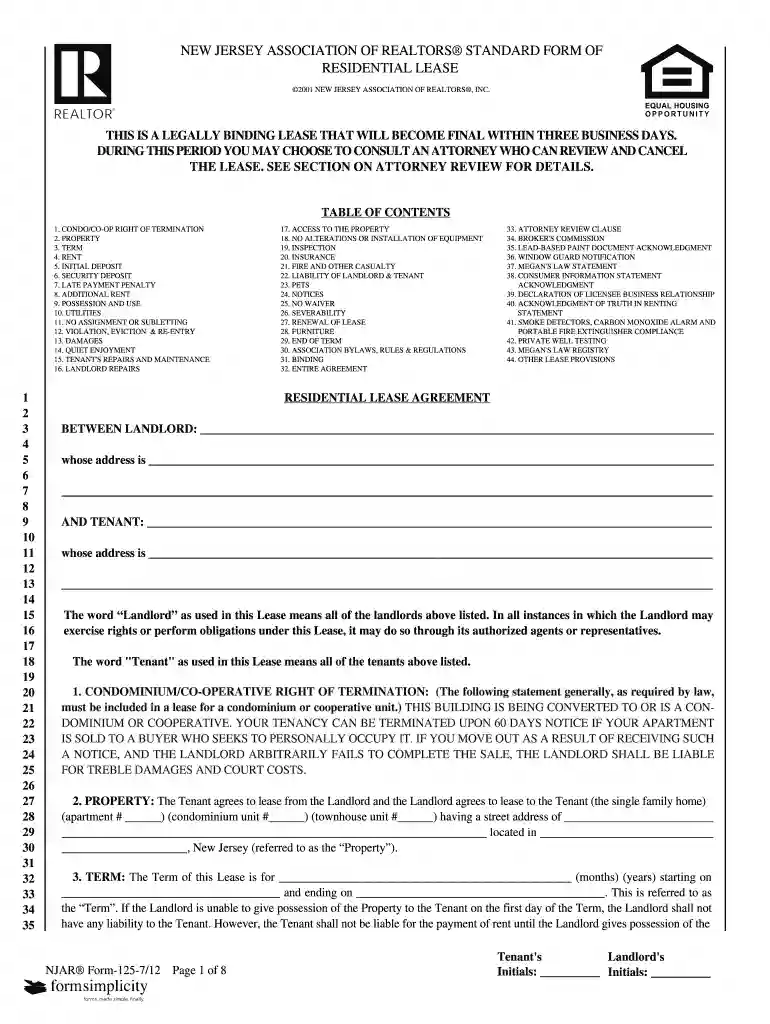 new jersey realtors standard form of residential lease Preview on Page 1